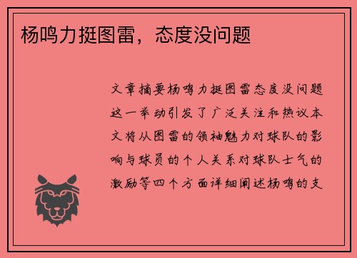 杨鸣力挺图雷，态度没问题