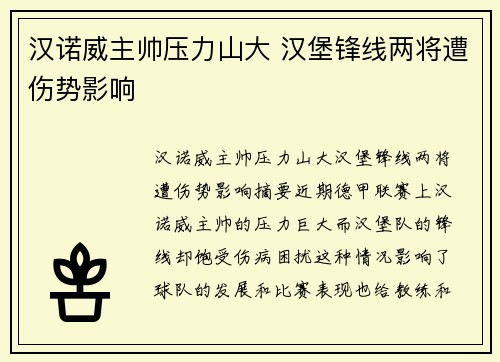 汉诺威主帅压力山大 汉堡锋线两将遭伤势影响
